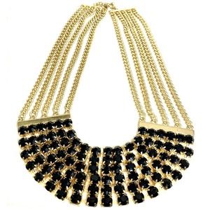 Gold Chained Black Glass Statement Necklace Bib Collar Vintage Runway Bold Y2K